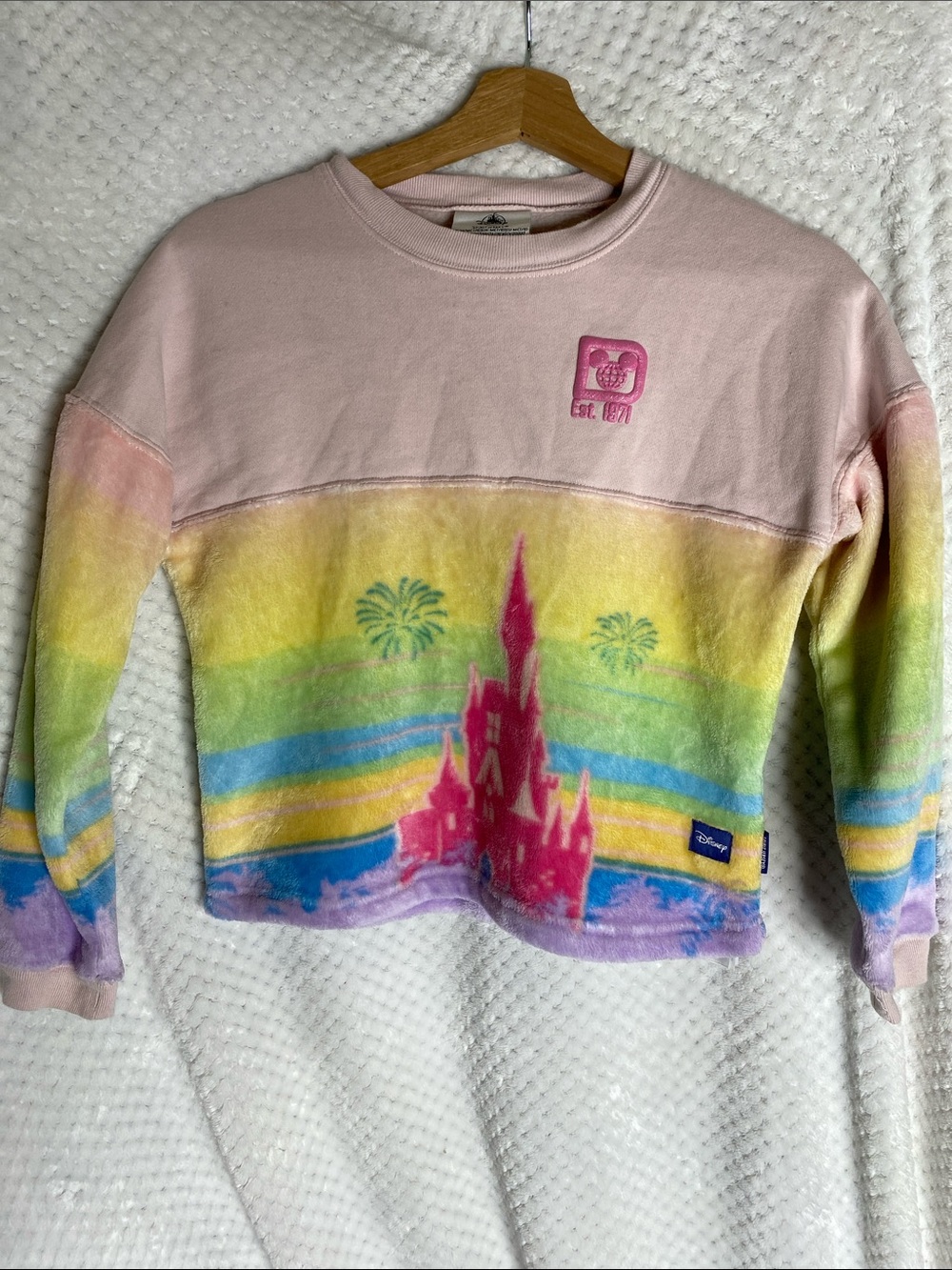 Disney Spirit Jersey Pastel Pink Rainbow Castle Crewneck Sweatshirt
